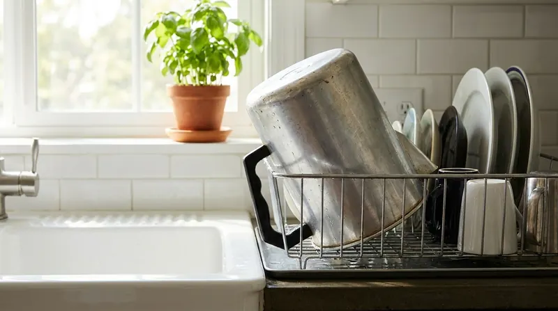 An old twelve-cup percolator upside down in a dish rack by a sunny kitchen sink