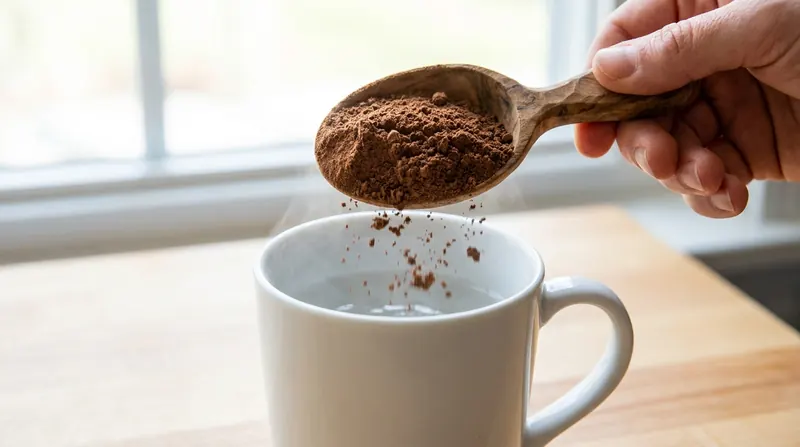 A wooden scoop heaped with dark cacao-chai powder over a white mug of hot water