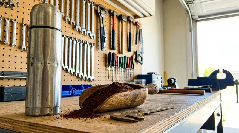 A dented steel thermos on a tidy workbench beside a wooden scoop of brown powder