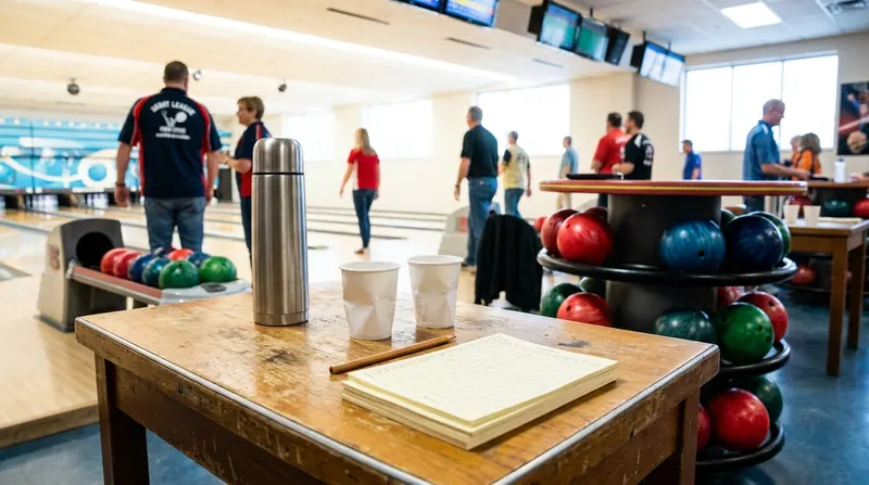 A bowling alley table with a steel thermos, paper cups and blank score sheets