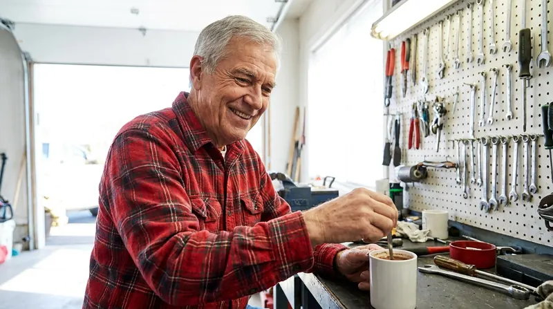 A retired machinist stirring a mug of dark spiced drink at his garage workbench