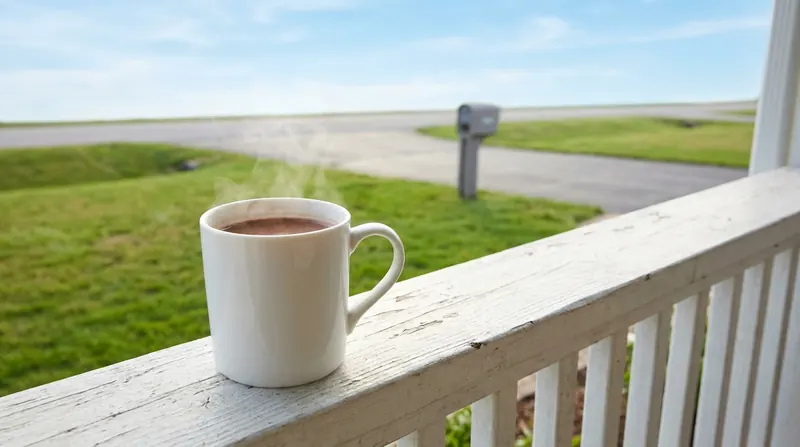 A steaming white mug of dark cacao on a porch rail on a clear morning