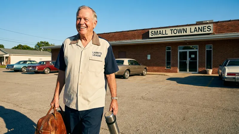 A retired man carrying a bowling bag and a steel thermos across a sunny parking lot