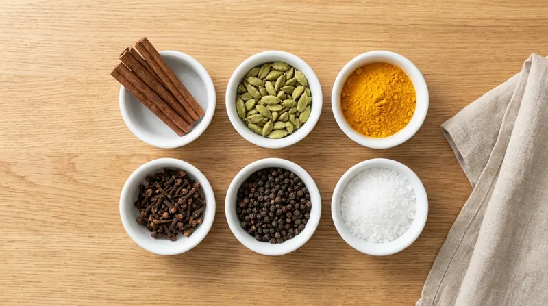 Cinnamon sticks, cardamom, turmeric, cloves and sea salt in small white bowls