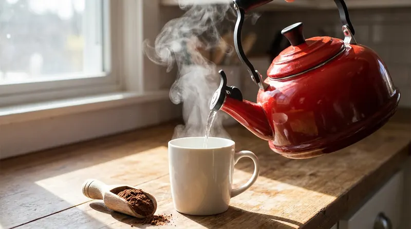 A red kettle pouring hot water into a white mug with a scoop of brown powder waiting