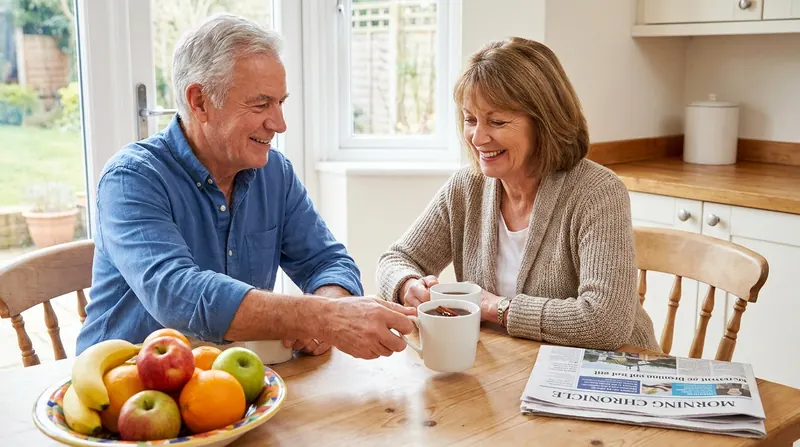 An older couple smiling at a sunny kitchen table over two mugs