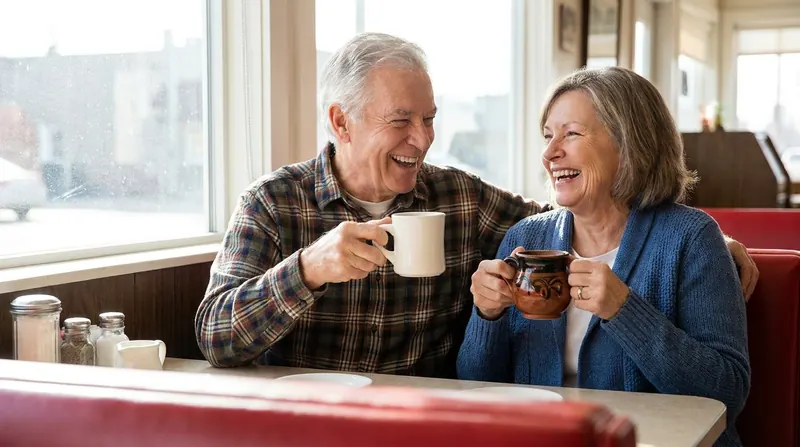 An older couple laughing in a bright diner booth, one cup of coffee and one dark mug