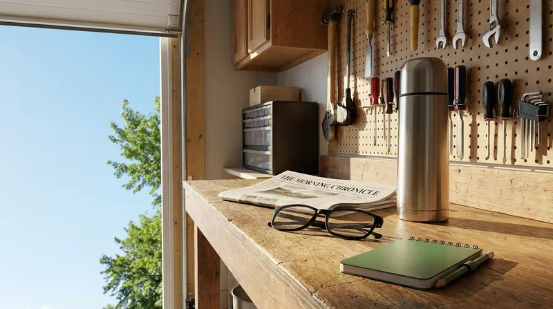 A tidy garage workbench in the morning with a thermos, reading glasses and the paper