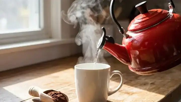 Hot water pouring from a red kettle into a white mug, seamless loop