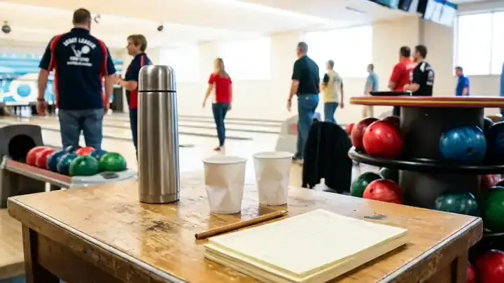 A league night table with a thermos and score sheets, seamless loop