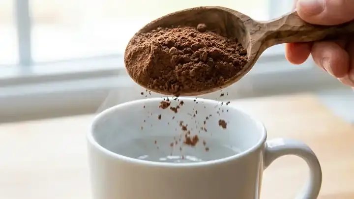 A wooden scoop of cacao-chai powder over the morning mug, seamless loop