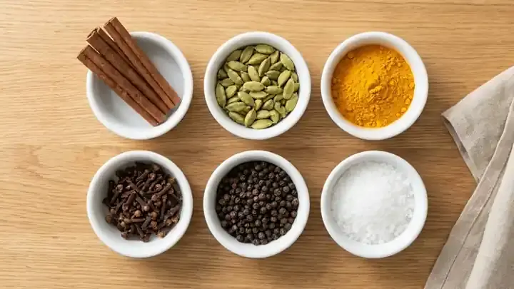 The chai spices and sea salt in small white bowls, seamless loop