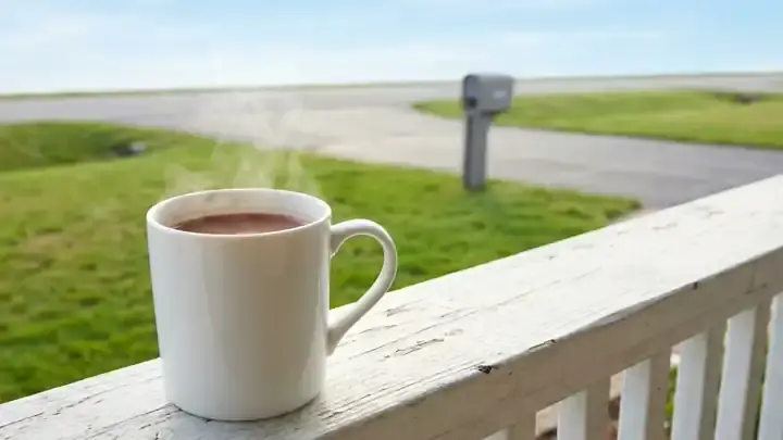 Steam rising from a white mug on the porch rail, seamless loop