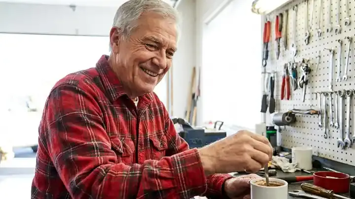 A retired machinist stirring his mug at the workbench, seamless loop