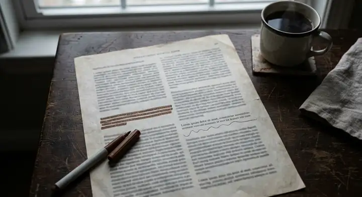 A printed study page highlighted beside a steaming mug