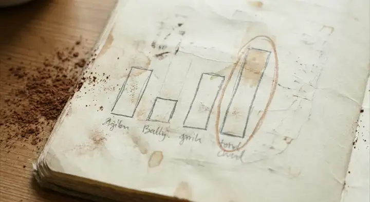A hand-drawn bar chart in a stained notebook