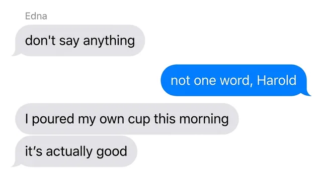 Screenshot of a text message from the columnist's wife about pouring her own cup